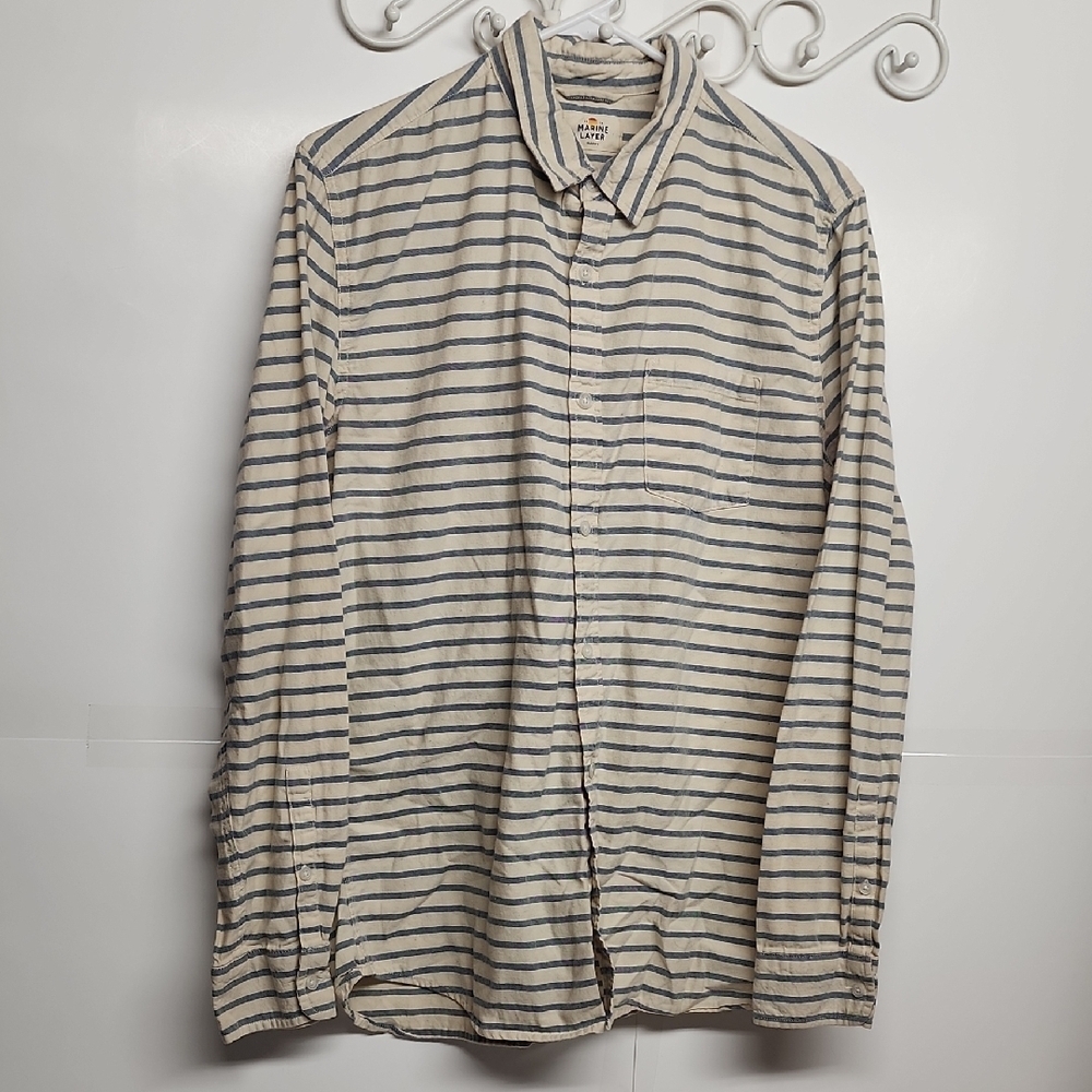 Marine Layer Marge Vintage Navy & Cream Striped Long Sleeved Shirt SF CA